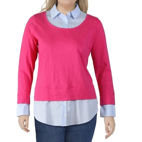 Tommy Hilfiger Women’s 1X Layered Collared Top Pink Blue Striped Preppy Casual - Picture 4 of 16